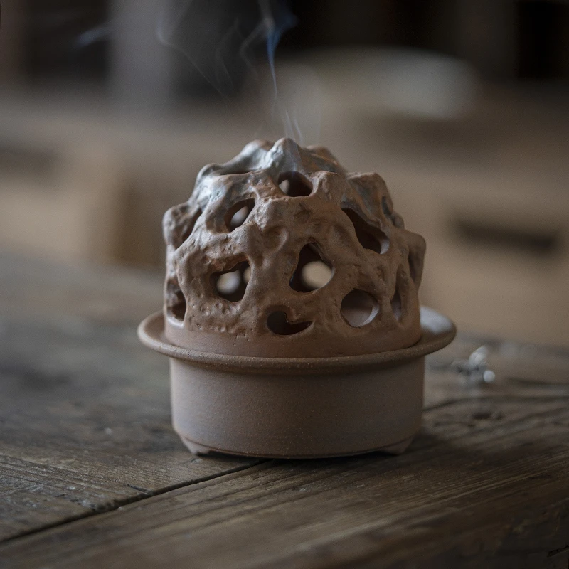 老岩泥太湖石香炉陶瓷镂空禅意盘香熏香座粗陶摆件盘香炉