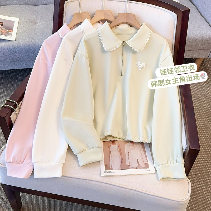 初中生甜美春装翻领卫衣宽松时尚少女小个子高中学生短款休闲上衣