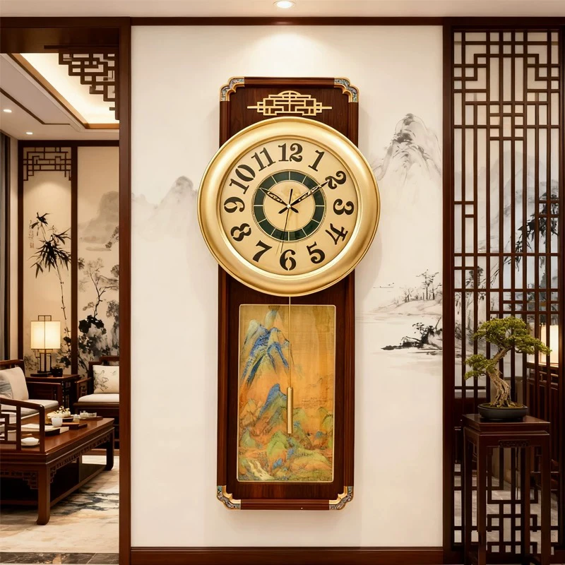 新款新中式轻奢实木创意挂钟家用客厅静音大气石英挂钟