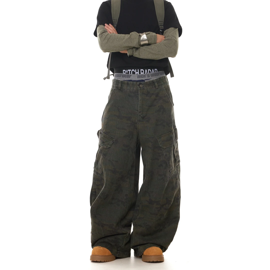 NOMIO美式复古迷彩多口袋工装裤男女宽松做旧直筒显瘦百搭休闲裤