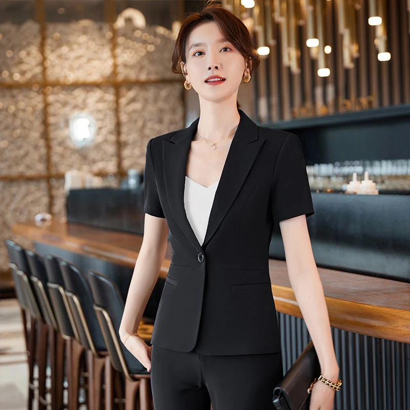 618短袖女士职业装套装职场工作服西服团体服正装面试商务工作服