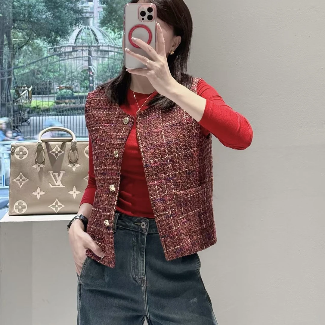 3公主 彩条小香风马甲 气质轻奢百搭显瘦粗花呢复古红色秋冬上衣
