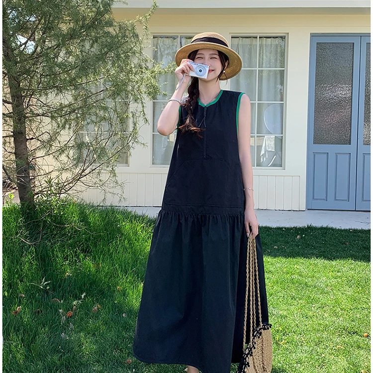 时髦孕妇装文艺2025新款韩系休闲简约撞色显瘦包边洋气背心连衣裙