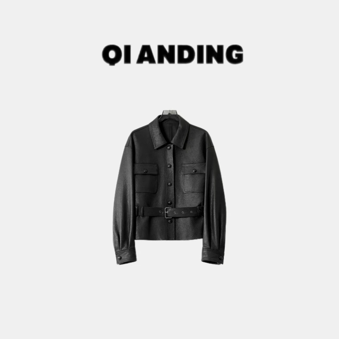 【QIANDING】2025新款 “反转巴黎”进口绵羊皮收腰翻领皮衣2528