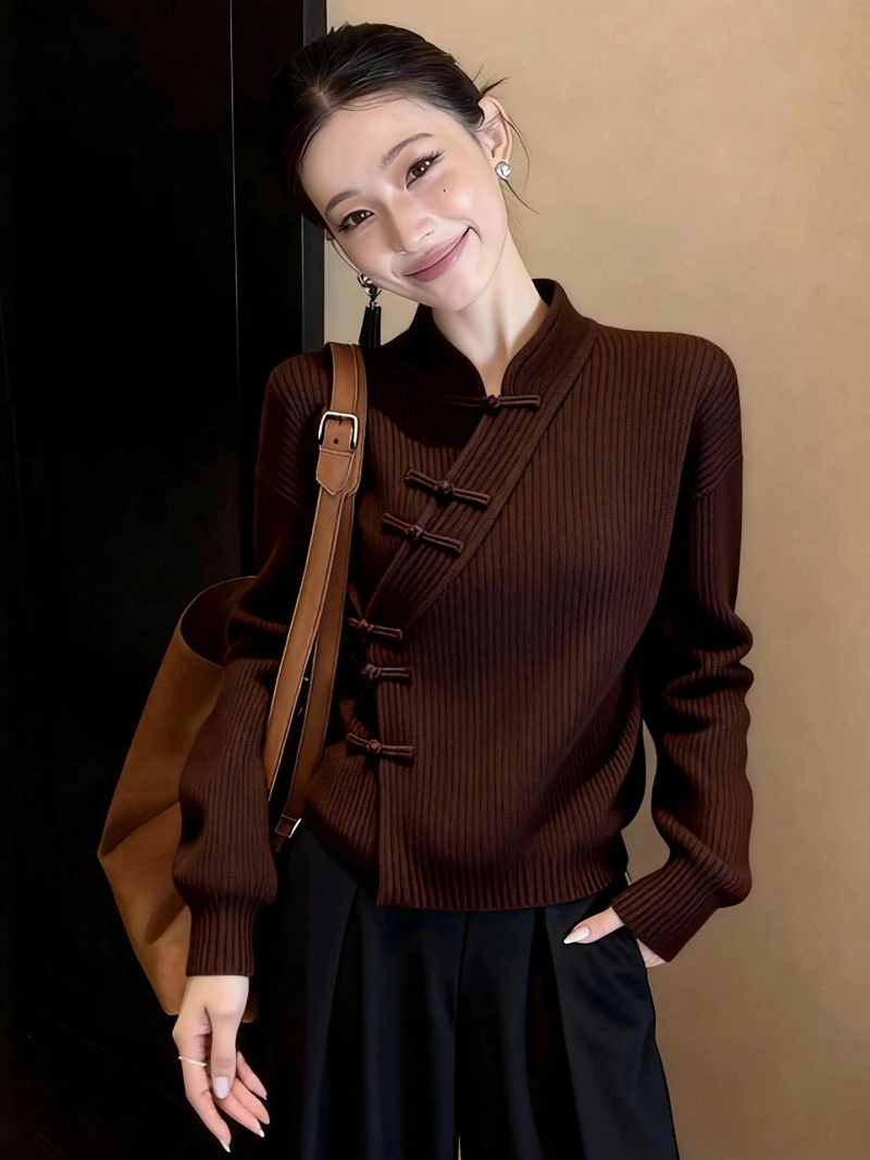 中式复古时尚小众设计感斜襟盘扣禅意针织开衫女2026冬季新款百搭