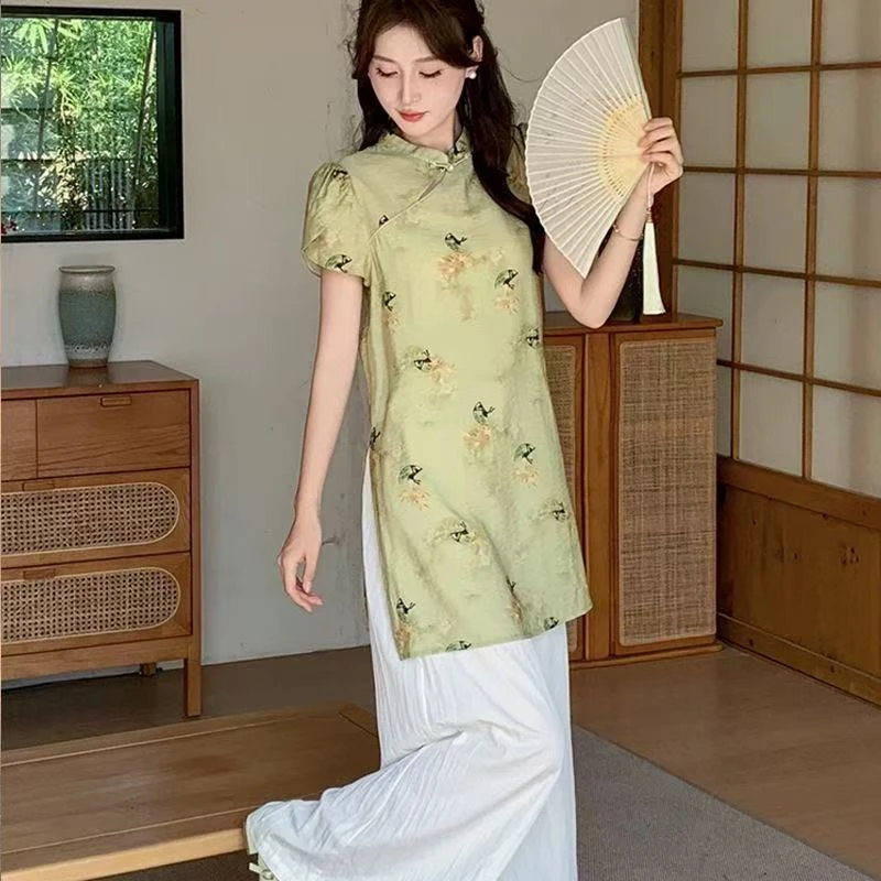 021编码---2025夏新中式盘扣提花旗袍上衣+松紧腰阔腿裤两件套女