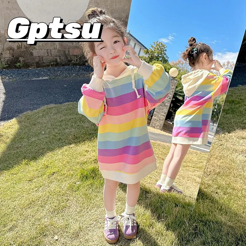 GPTSu女童连衣裙春秋2025年新款宝宝公主裙装彩虹条纹女童卫衣裙