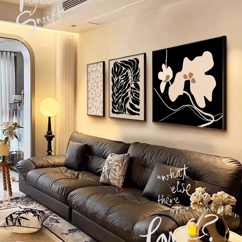 中古风黑白哑光客厅挂画法式抽象沙发背景墙装饰画高级感三联画