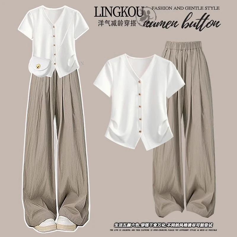 小个子女夏季高级套装新款气质减龄短袖上衣时尚百搭休闲裤两件套