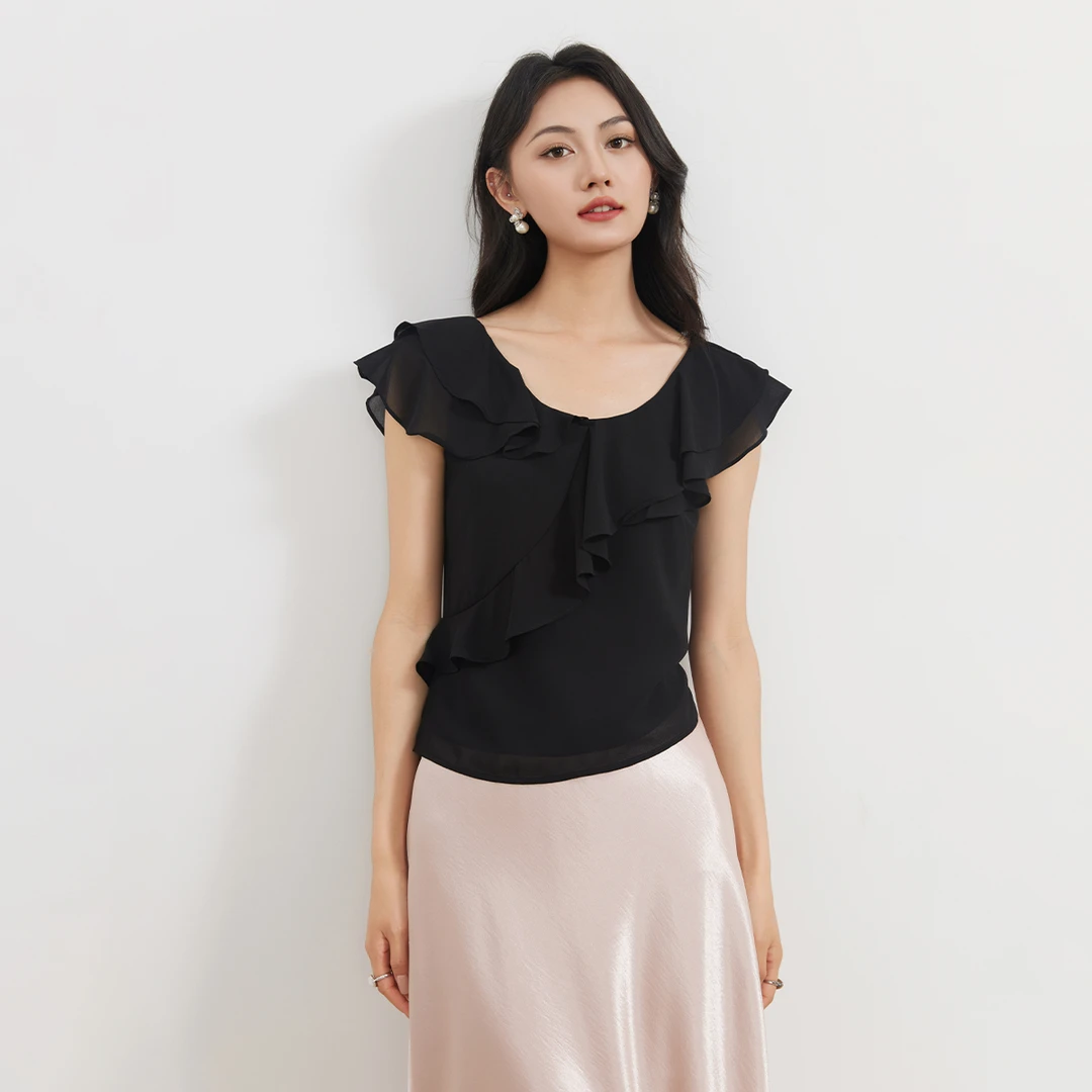 爱客夏季荷叶边修身显瘦打底衫上衣RL25212Z002