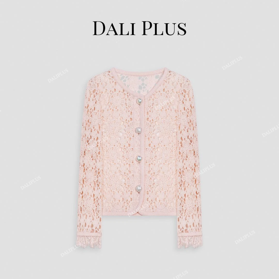 DALI PLUS波西米亚甜美粉高级感镂空玫瑰小香风蕾丝外套-D5CH4102