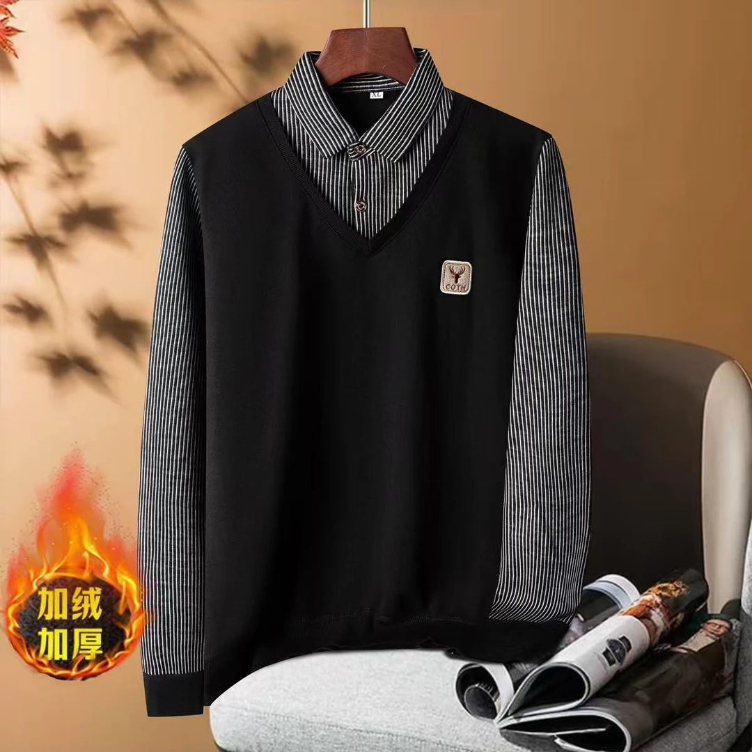 假两件绣花男士新款潮流百搭衬衫领加绒加厚长袖格子打底衫毛衣