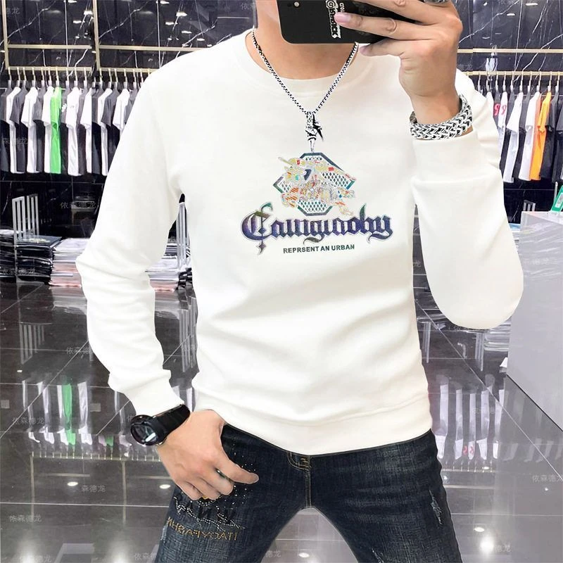 打底秋冬烫钻男装长袖高档卫衣精致都市男士圆领帅百搭加绒加厚帅