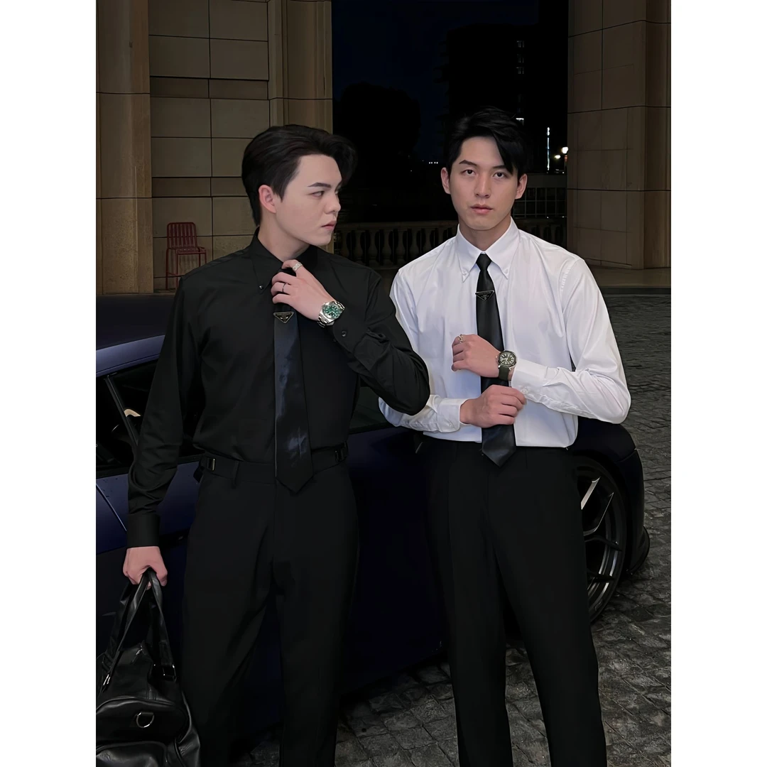 【JIANGMOYAN]法式大尖领衬衫男长袖新款商务休闲英伦风高级感衬衣