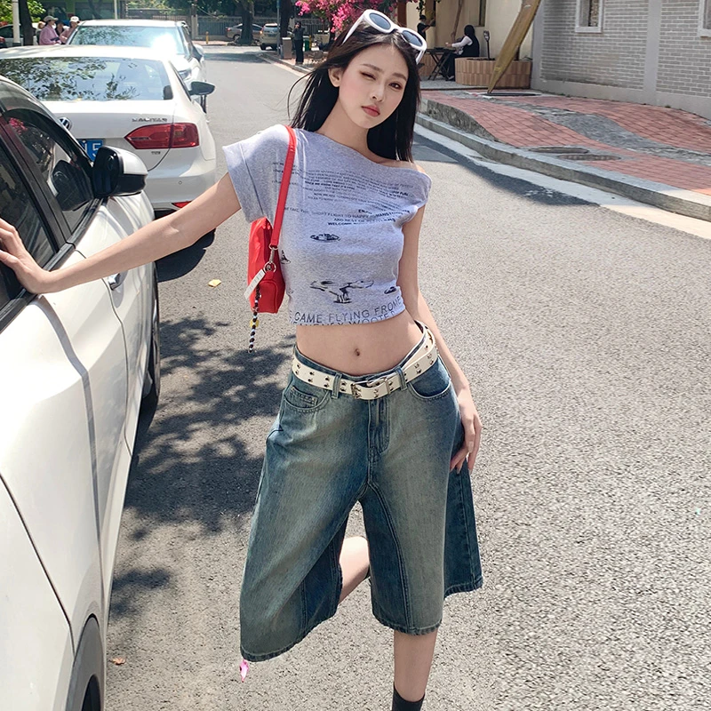 夏季韩版显瘦休闲阔腿高腰五分裤倒装短裤宽松设计感复古直筒牛仔