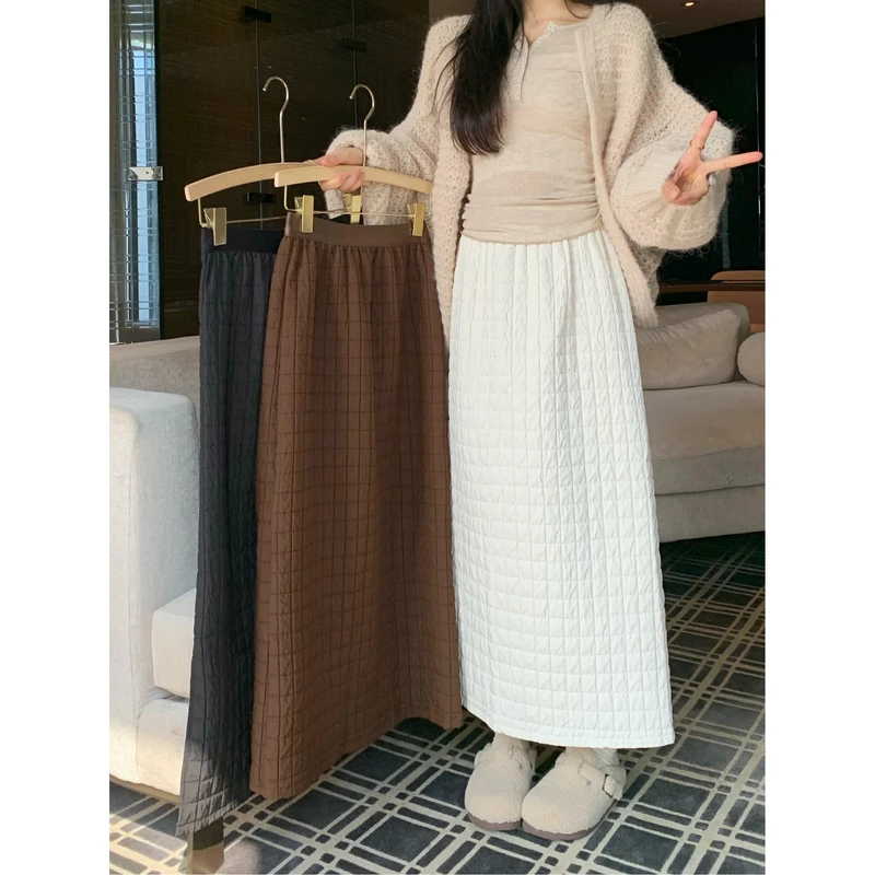 2025冬季夹棉直筒裙潮流质感百搭松紧腰后开叉欧货裙子高腰百搭