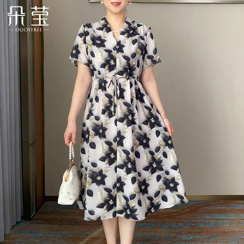 朵莹妈妈夏装洋气收腰连衣裙气质显瘦中老年女装时尚雪纺裙子9559