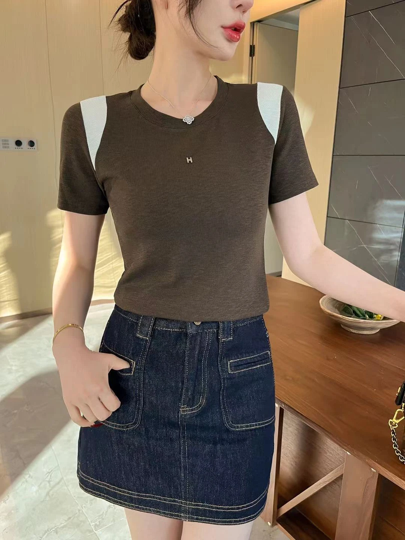 2025夏季新款休闲简约百搭短袖t恤洋气减龄撞色设计上衣女