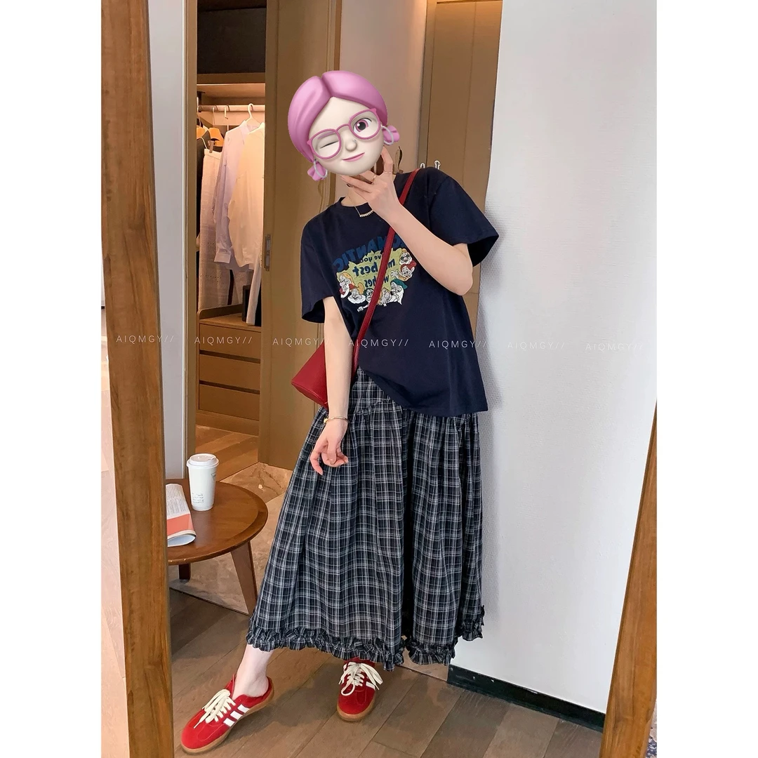 藏蓝色短袖卡通字母印花T恤女2025年夏季新款宽松上衣加A字半身裙