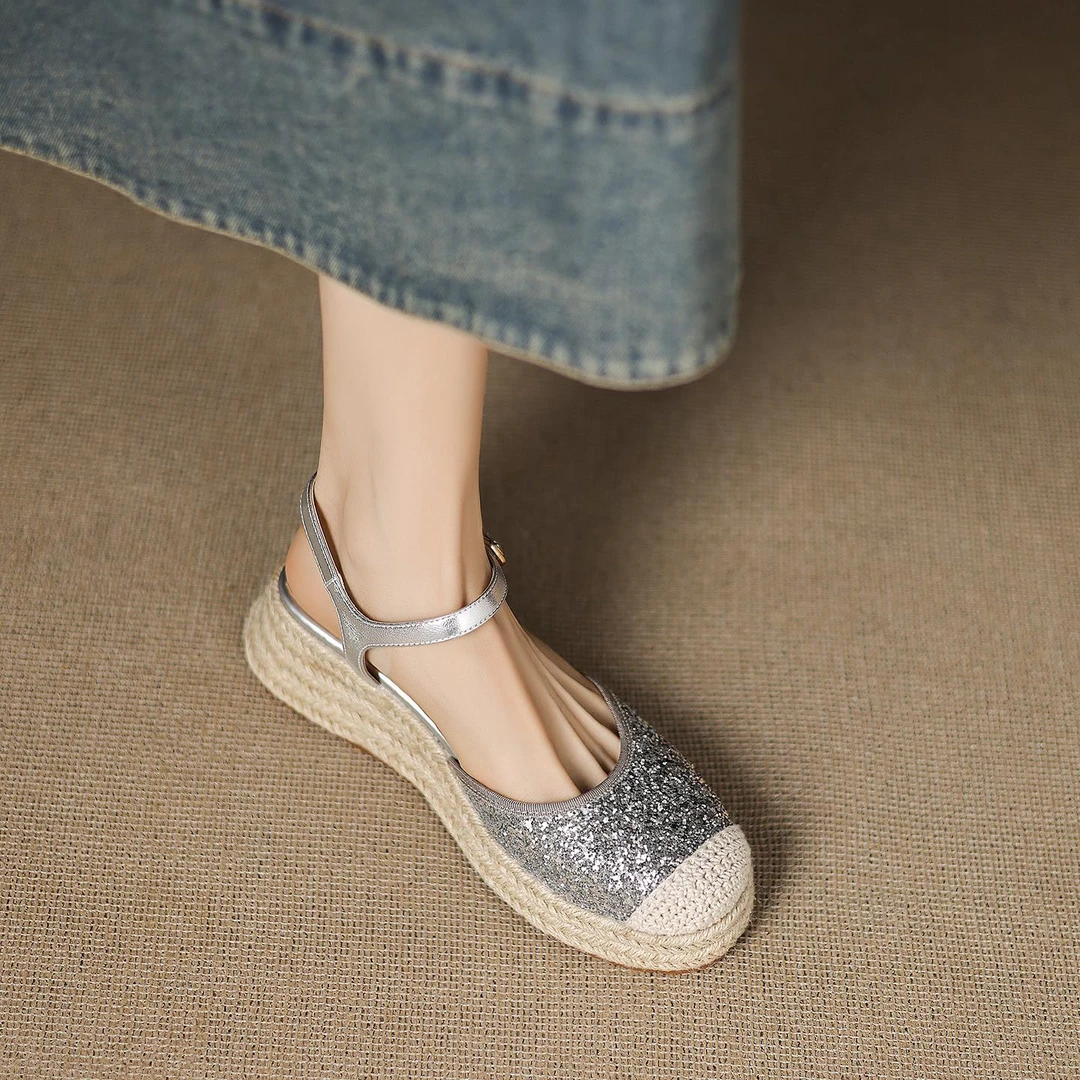 高级感 亮晶晶~正品圆头草编拼色凉鞋女夏季增高坡跟包头凉鞋