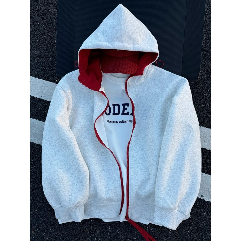 藏青色美式连帽卫衣男款秋季设计感拼接外套情侣装大连帽上衣潮牌