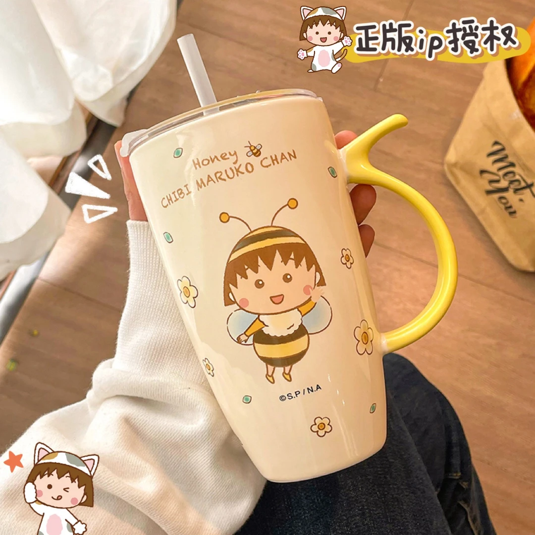 樱桃小丸子水杯大容量学生宿舍陶瓷马克杯高颜值保温带盖吸管杯子