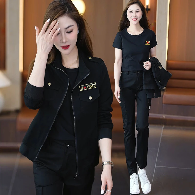 休闲运动三件套女春季新款显瘦大码休闲迷彩服气质减龄工装套装潮