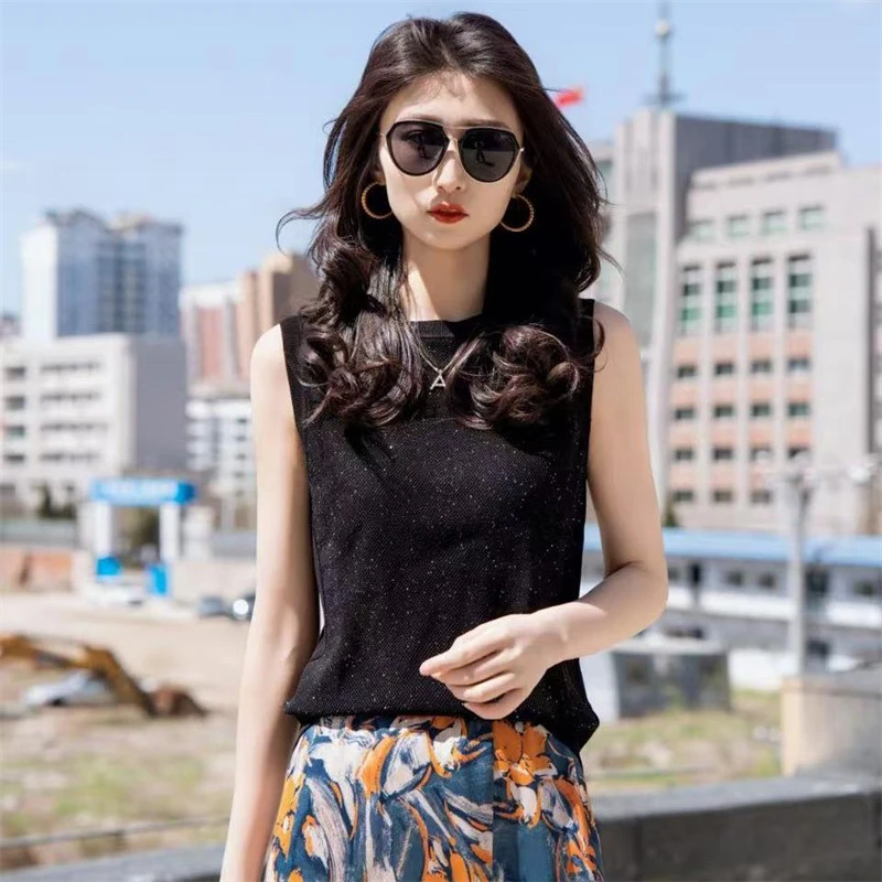 专柜同款2025夏季新款细闪亮片黑色针织无袖打底背心女上衣538015