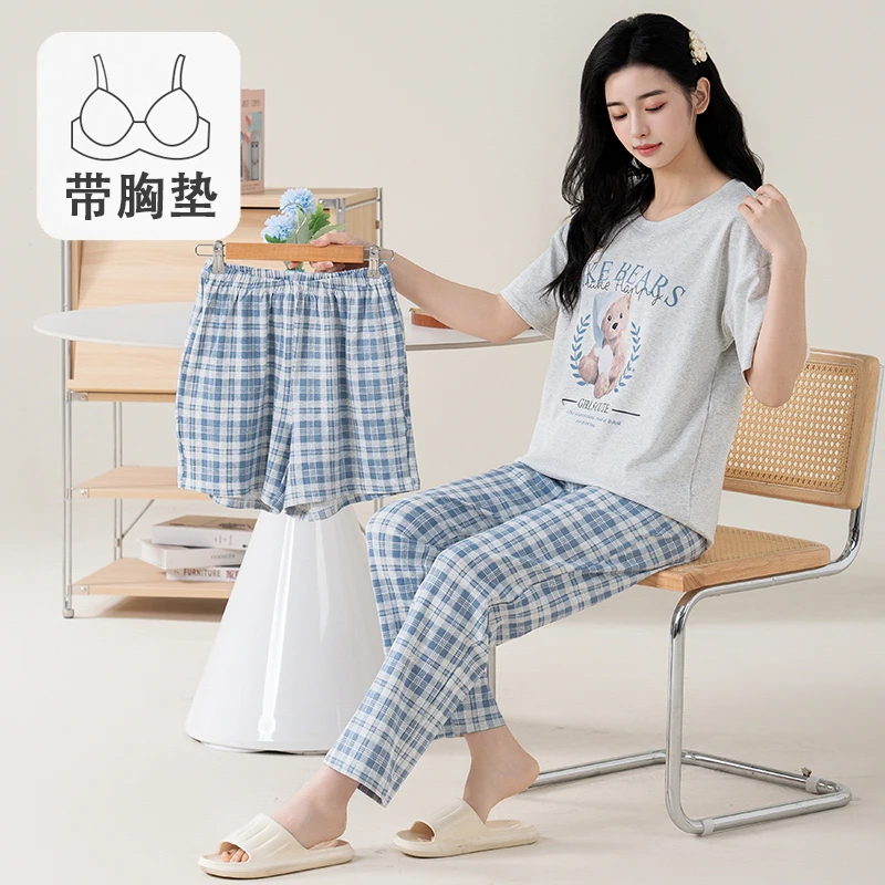 M3175{拍一发三}夏季新款女生带胸垫睡衣 AB天蓝格子小熊