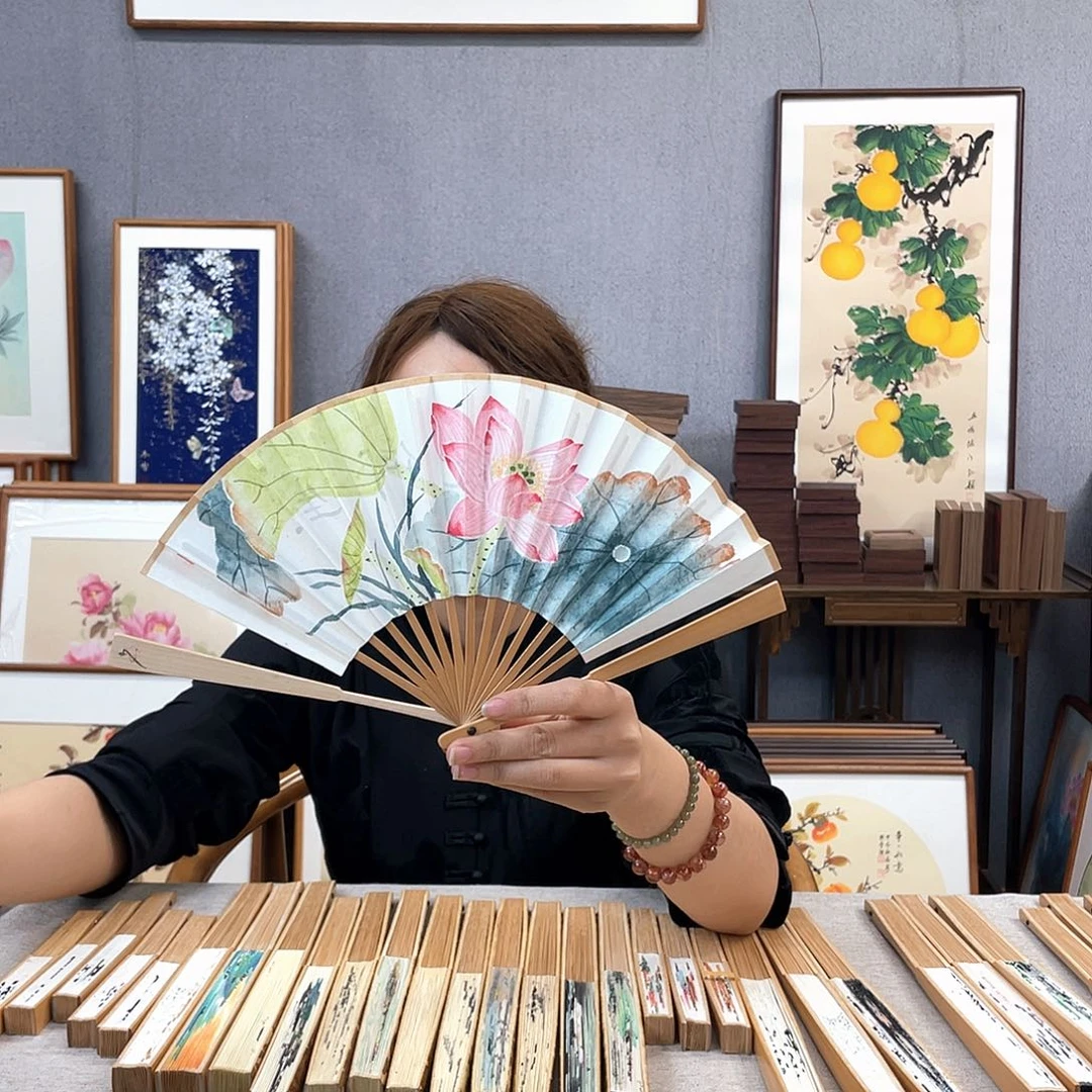 国画6寸玉竹-纯手绘-文玩扇骨（默认粘好）