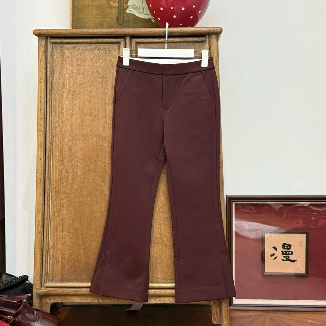 MYL2025年春季新款锦纶混纺酱紫休闲裤微喇隐藏拉链开衩西装裤