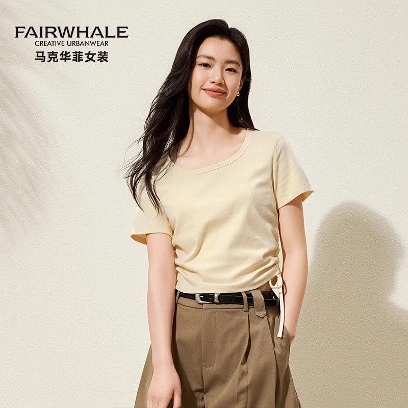 马克华菲短袖T恤女纯色2025春夏新款云感圆领收腰修身设计感上衣