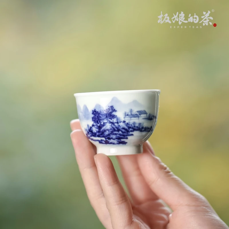 景德镇雨香斋手绘高温瓷青花山水杯中式家用陶瓷功夫茶具40ml