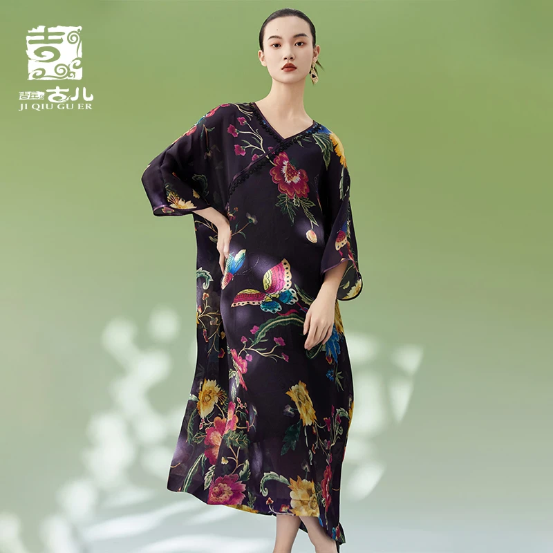 吉丘古儿迎春桑蚕丝V领连衣裙显瘦气质中国风薄款G242Y043