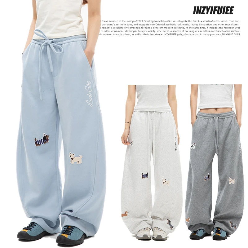 INZYIFUIEE刺绣小狗弯刀卫裤创意时尚休闲宽松裤子松紧腰休闲裤