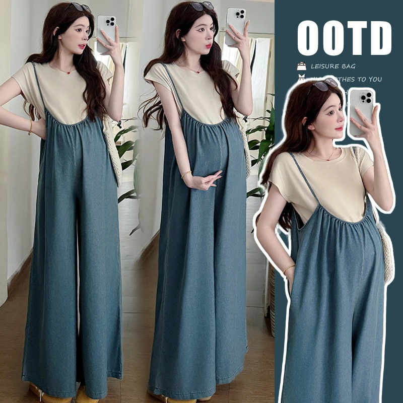 2025新款夏装牛仔宽松显瘦休闲背带裤+纯棉减龄百搭T孕妇两件套
