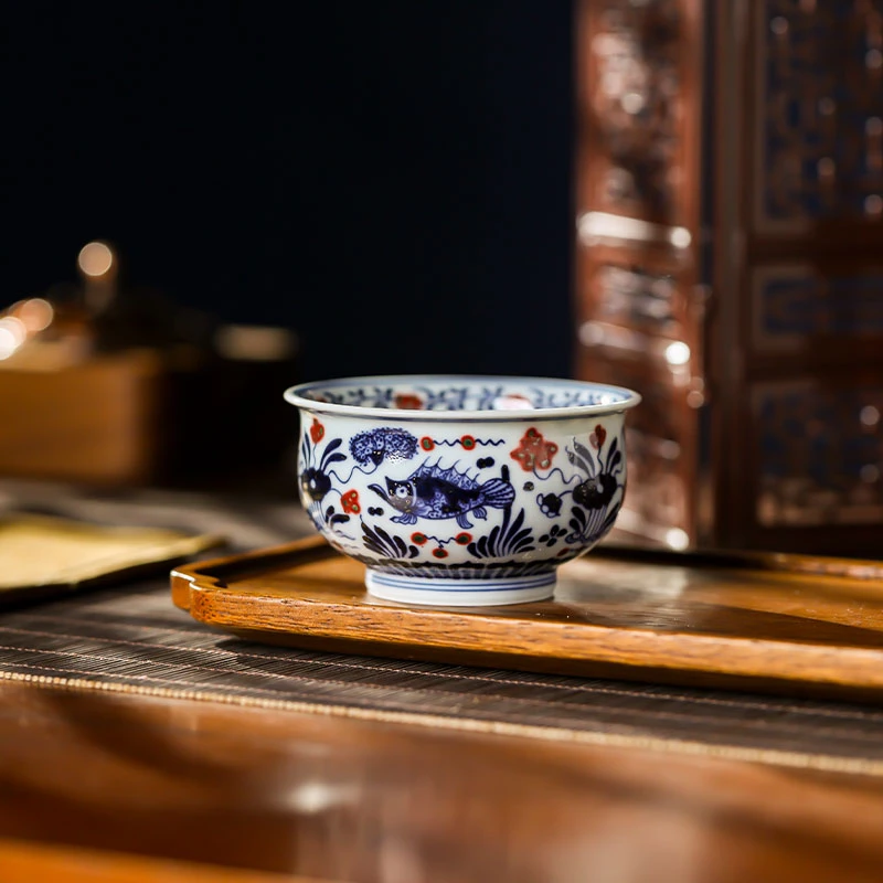 【瑶瑶甄选】明和堂釉里红鱼藻炉式杯手工手绘MHT0109景德镇茶器
