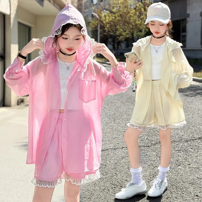 女童夏季防晒衣套装2025新款时髦儿童轻薄夏装外套短裤两件套大童