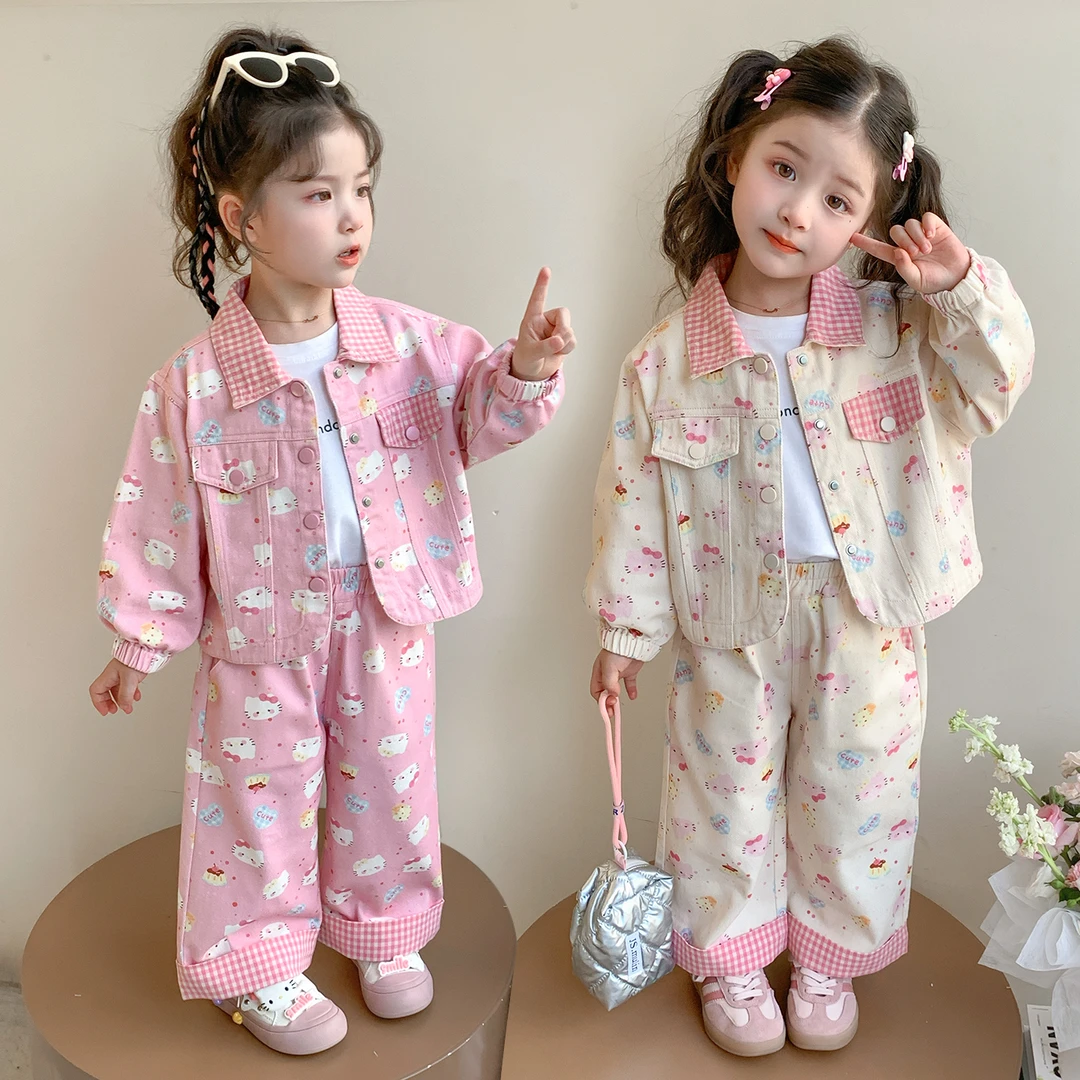 女童套装2025秋季新款儿童猫咪格子外套可爱时髦百搭阔腿裤俩件套