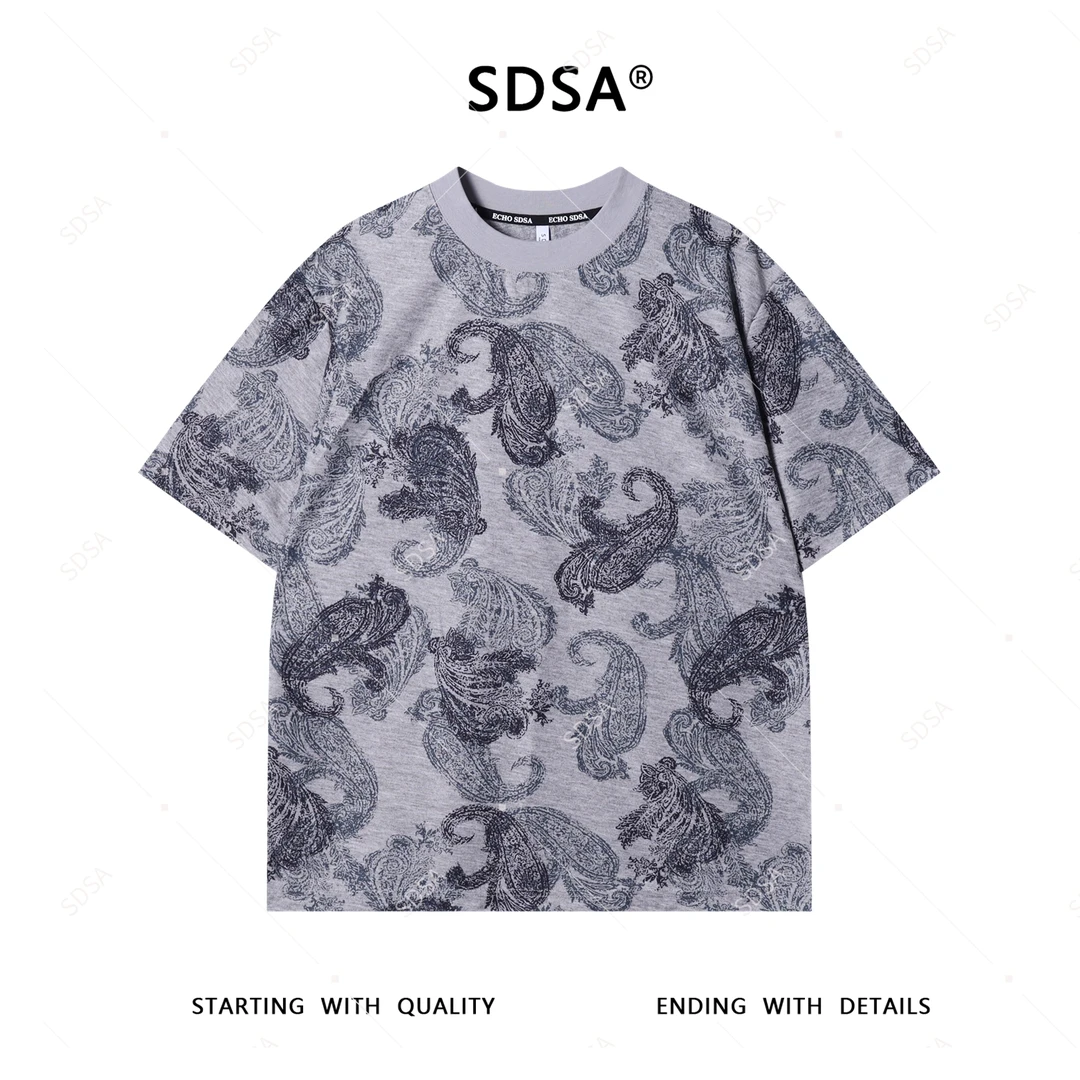 SDSA男士短袖t恤2025新款轻痞帅男装磨毛花卉圆领上衣慵懒风百搭