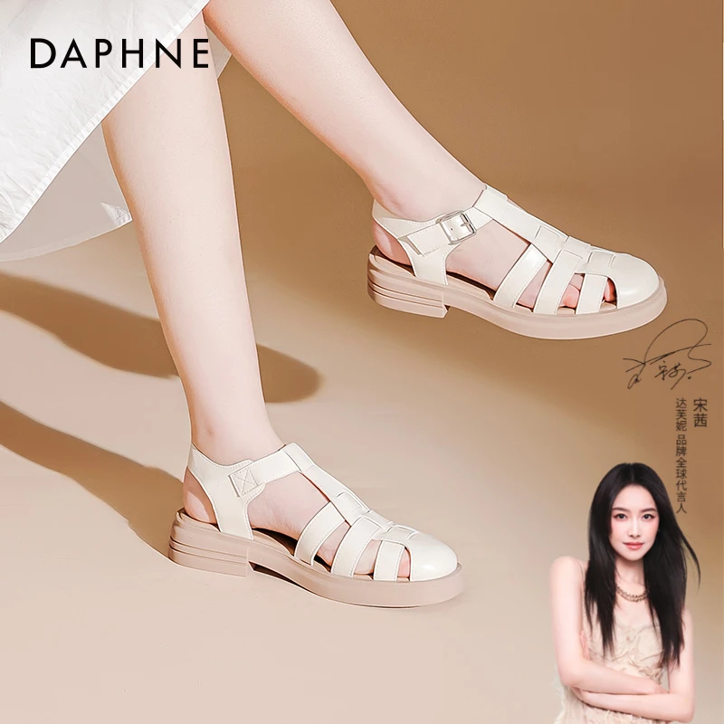 达芙妮罗马凉鞋女款夏季2024新款仙女风平底猪笼鞋编织包头凉鞋女