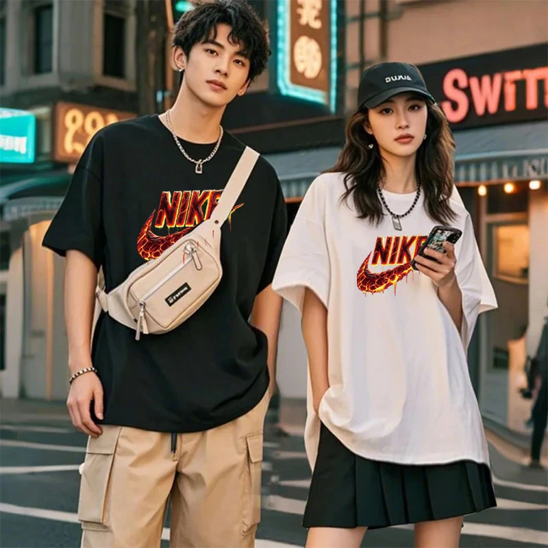 H008联名款潮牌T恤男女同款时尚百搭圆领印花t恤短袖火勾