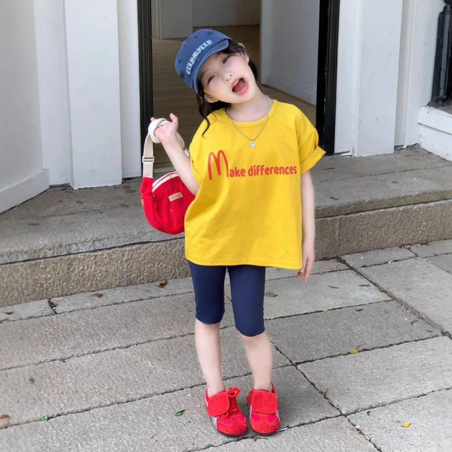 夏季新款女童慵懒风休闲卡通印花短袖T恤+骑行短裤两件套