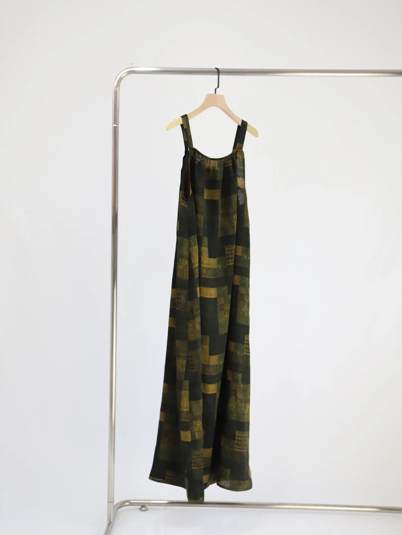 『浔象丝绸』黄绿格桑蚕丝香云纱连衣裙