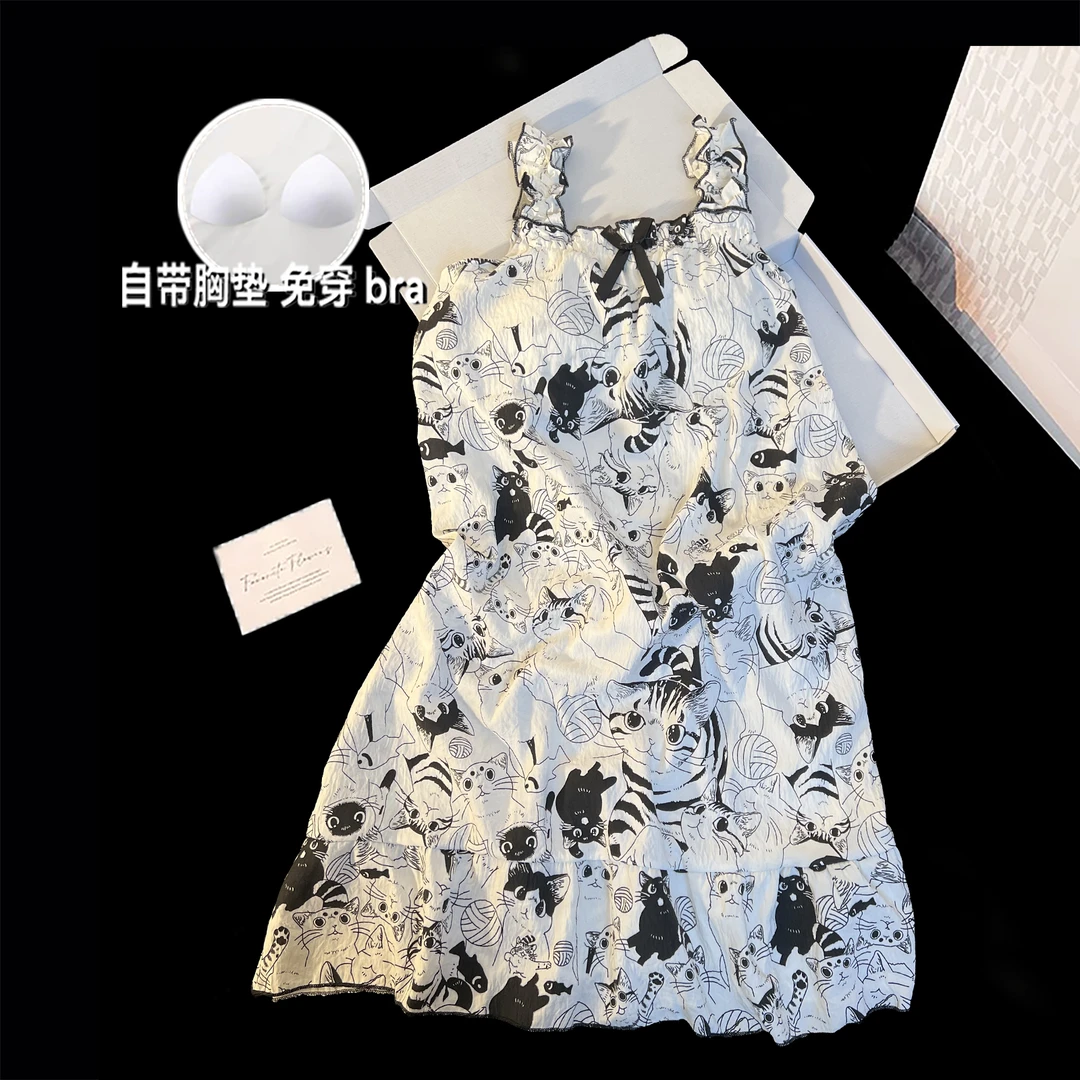 夏天带胸垫2025新款夏季卡通图案吊带睡裙女甜美可爱可外穿家居服
