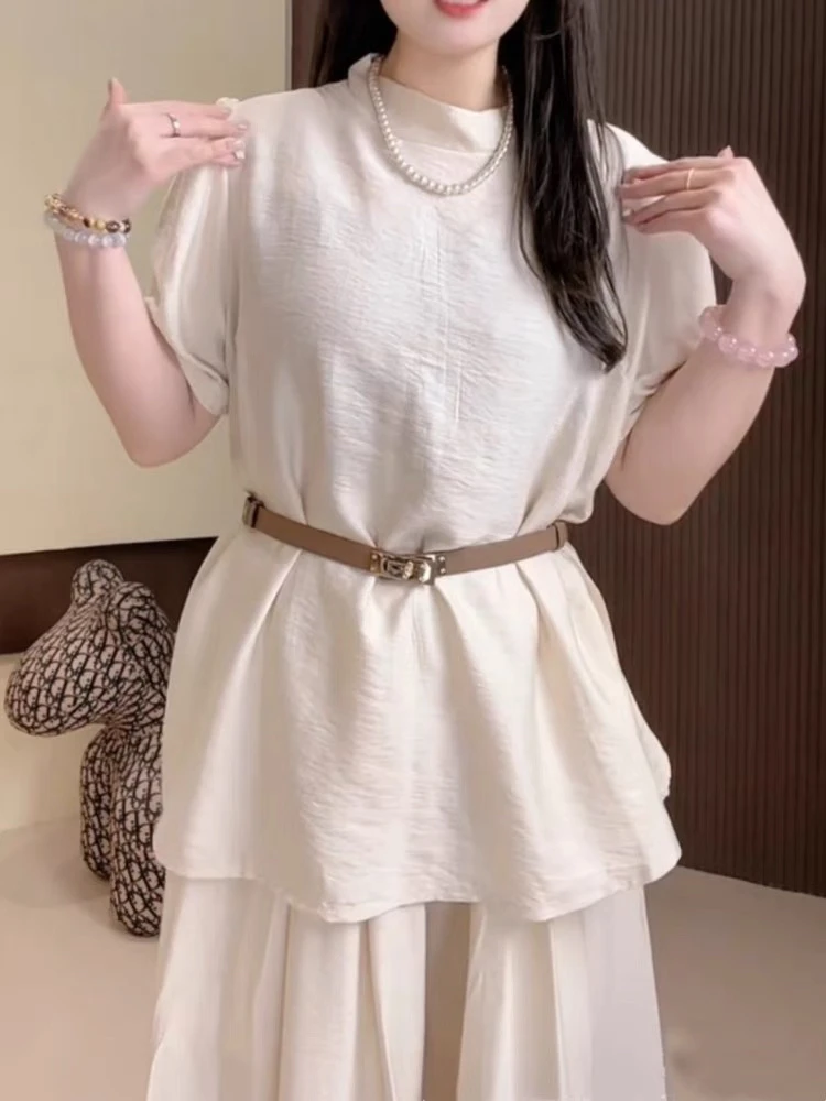 大码胖mm夏季遮肉短袖气质韩版阔腿裤裙2025新款两件套