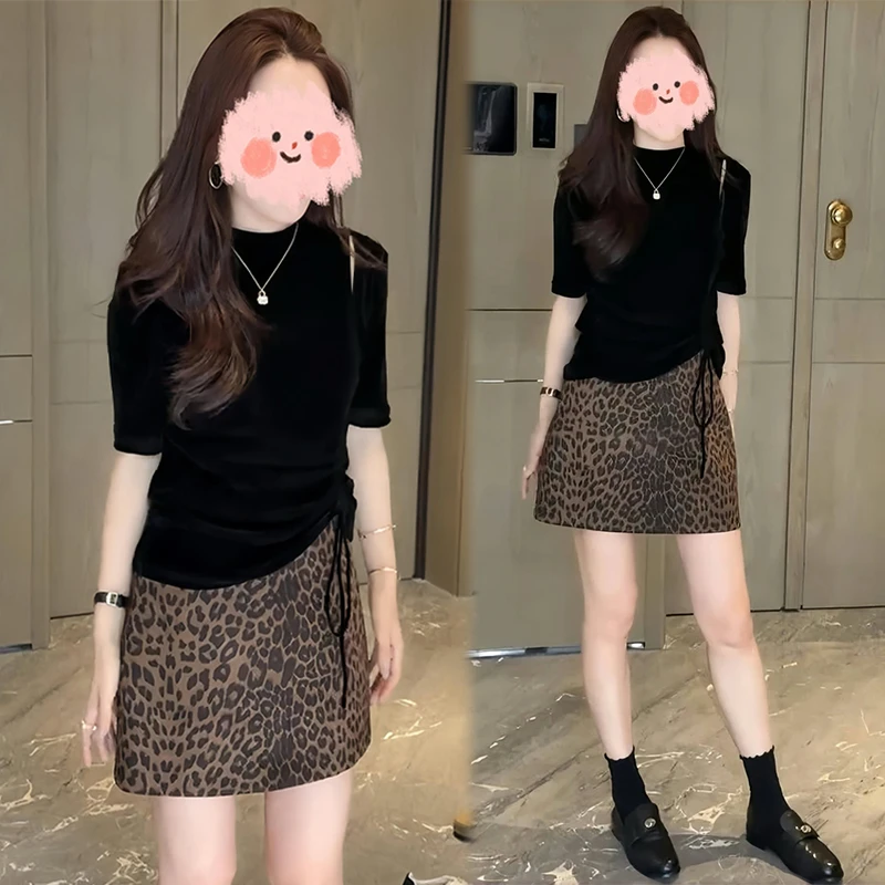 痞帅炸街风女装套装2025年春秋新款收腰短袖t恤豹纹半身裙两件套