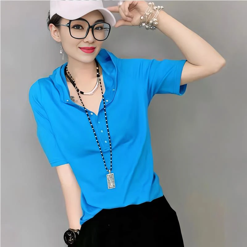 时尚纯棉宽松连帽短袖T恤女夏季新款欧货简约洋气显瘦休闲上衣潮