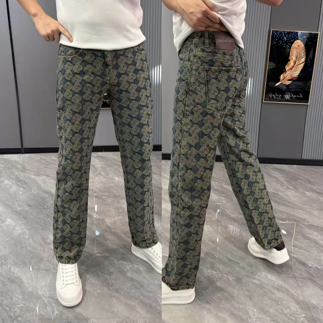 裤子男潮流提花牛仔裤男款个性潮流直筒裤冬季新款男士秋冬款裤子