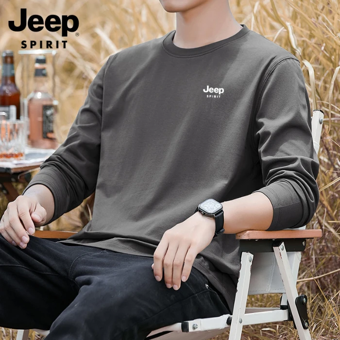 JEEPSPIRIT吉普2025男士T恤长袖新款纯棉上衣大码男装卫衣打底衫